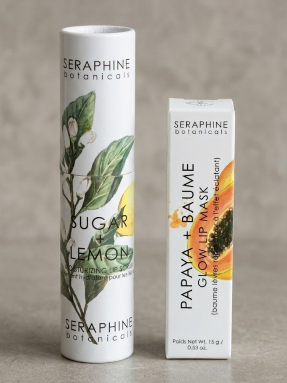 Seraphine Botanicals Sugar + Lemon Moisturizing Lip Scrub Papaya Baume Glow Mask